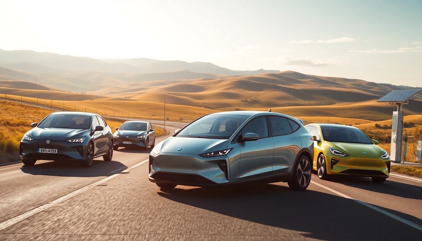 Fahren Sie Elektroautos auf einer malerischen Straße mit Blick auf Hügel.