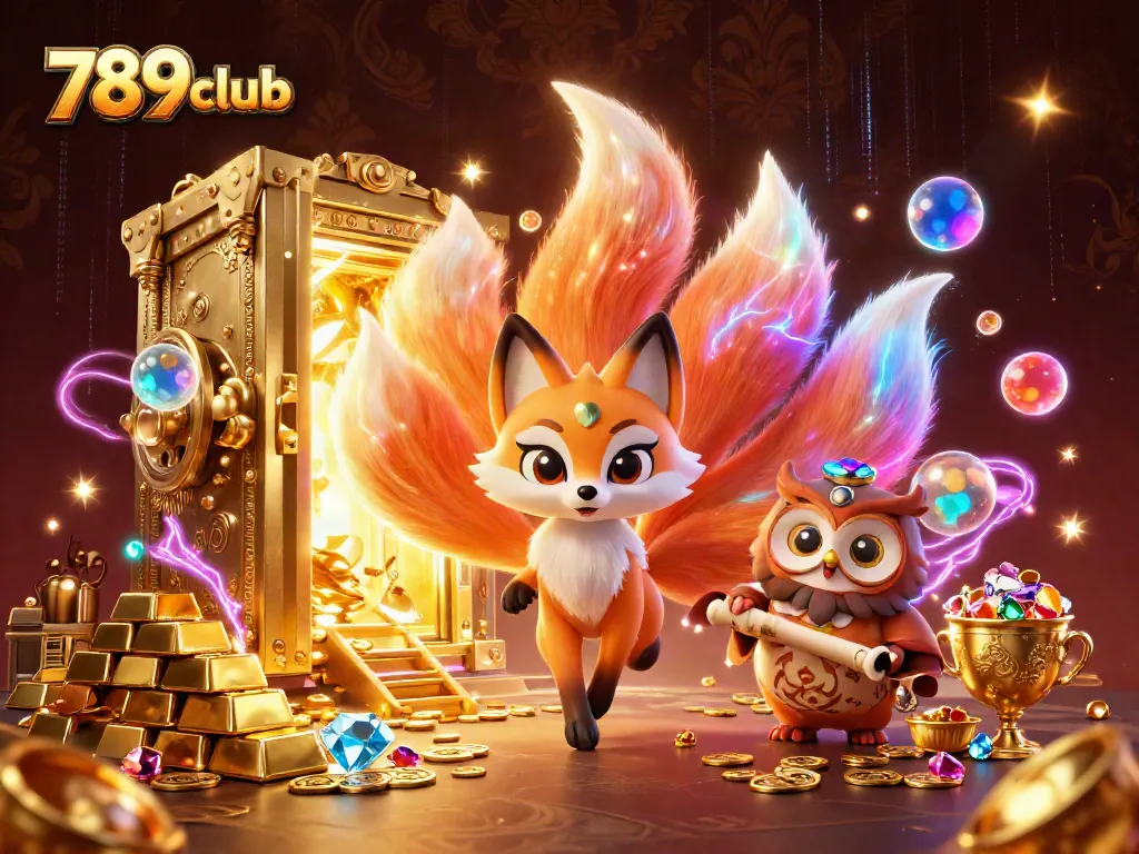 Winning on 789club as vibrant characters celebrate around a treasure vault bursting with gems and gold.