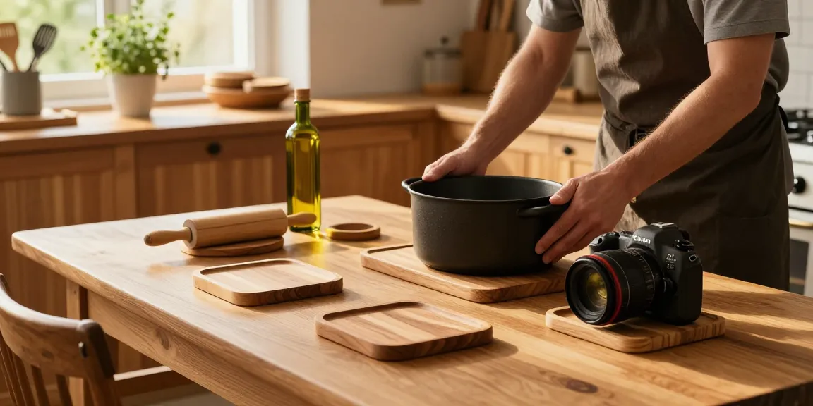 Edle Topfuntersetzer aus Holz im Einsatz, um heiße Töpfe stilvoll auf einem Holz-Tisch zu präsentieren.