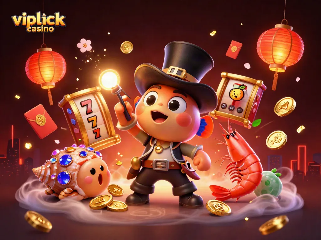 Experience jackpot excitement at vipluck casino with this vibrant 3D illustration featuring lucky symbols and characters.