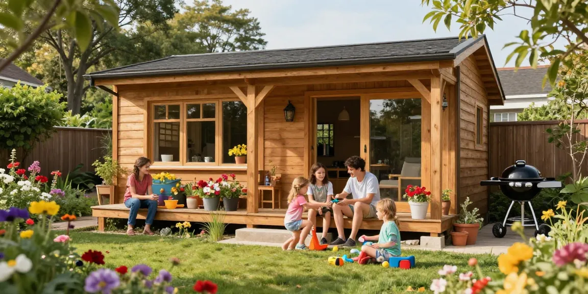 Familie genießt Zeit im Freien beim Gartenhaus kaufen, umgeben von bunten Blumen und Spielzeug für Kinder.