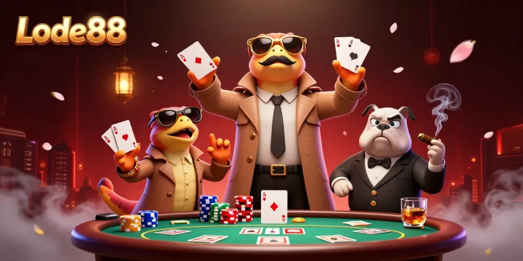 Three raptors in a trench coat humorously trying to enter Lode88's VIP lounge, surrounded by casino elements.