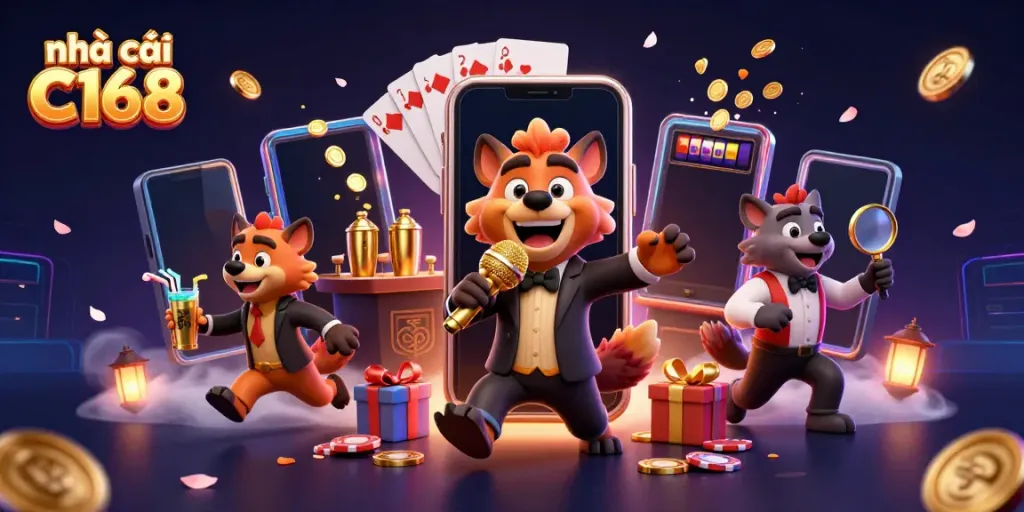 Experience vibrant gaming action at nhà cái C168 with lively hyena characters hosting a dynamic comedy casino night.