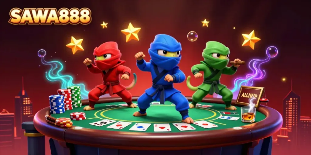Experience the thrill of gaming with SAWA888 as ninja chameleons perform in a vibrant casino scene.