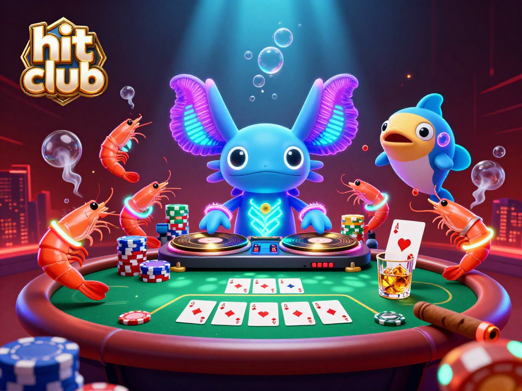 Join the hit club at this vibrant underwater casino scene featuring neon-colored axolotl DJ and lively shrimp dancers.