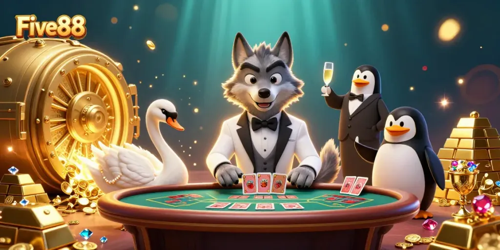 Engaging Five88 scene with a debonair wolf, elegant swan, and penguin presenting champagne at a casino table.