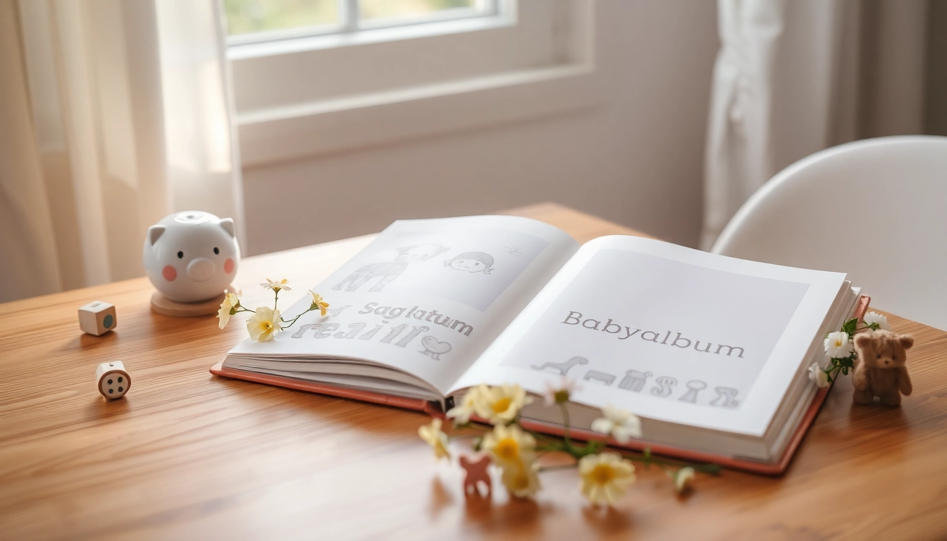 Babyalbum offen auf einem Tisch, umgeben von Spielzeug und Erinnerungen.
