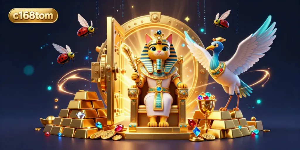C168tom showcases a vibrant casino scene with an Egyptian pharaoh cat, treasure, and glowing gems.