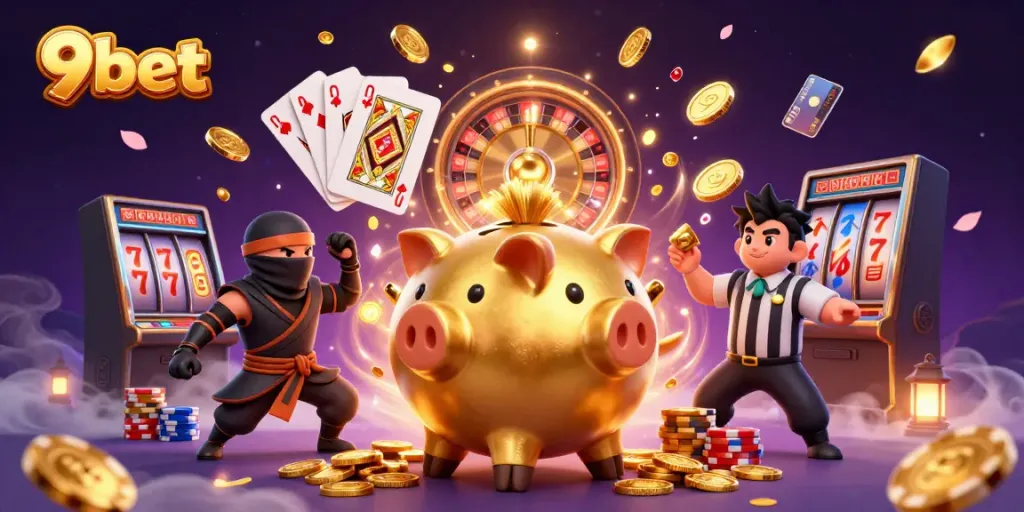 Experience thrilling action with 9bet's lively casino scene featuring characters and casino elements.