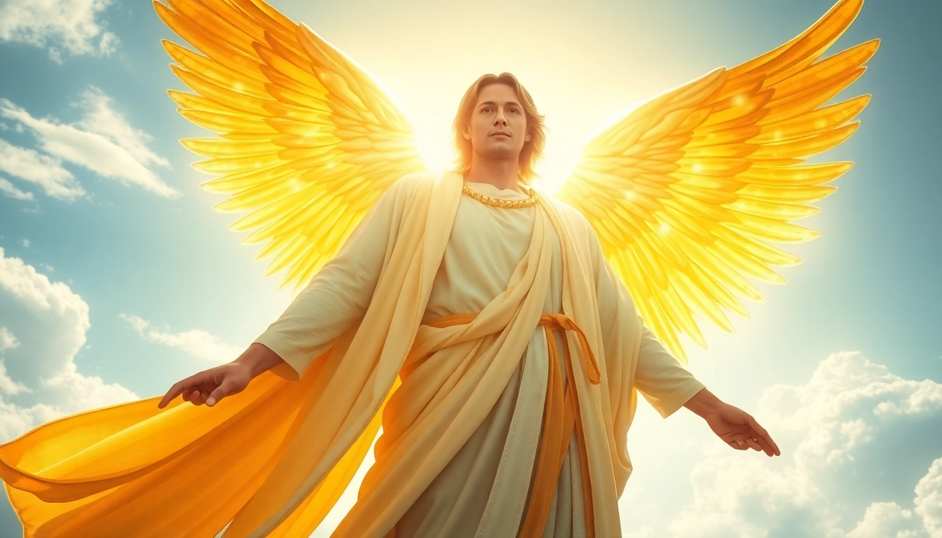 Erzengel Uriel erhebt sich majestätisch mit leuchtenden goldenen Flügeln und strahlt Frieden aus.