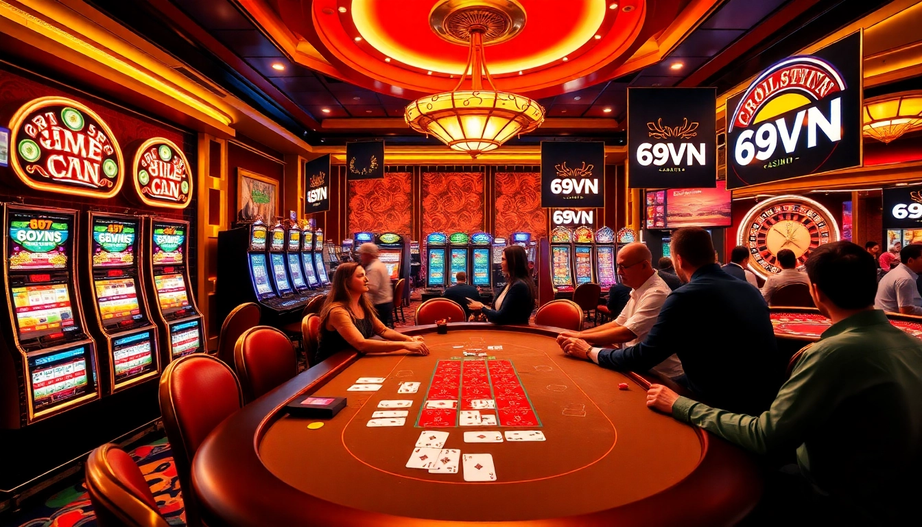 Exciting casino atmosphere with players at 69VN poker table, vibrant slot machines, and roulette wheel.