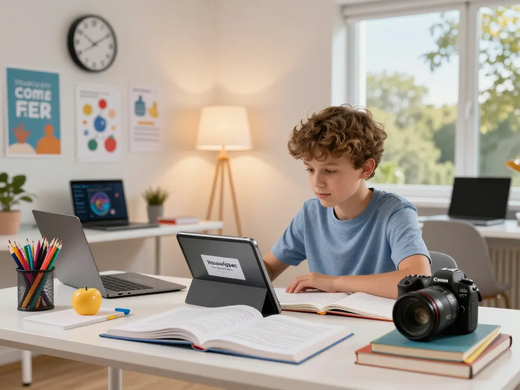 Studieren mit Hausaufgaben KI Unterstützung in einer gemütlichen Lernsituation.
