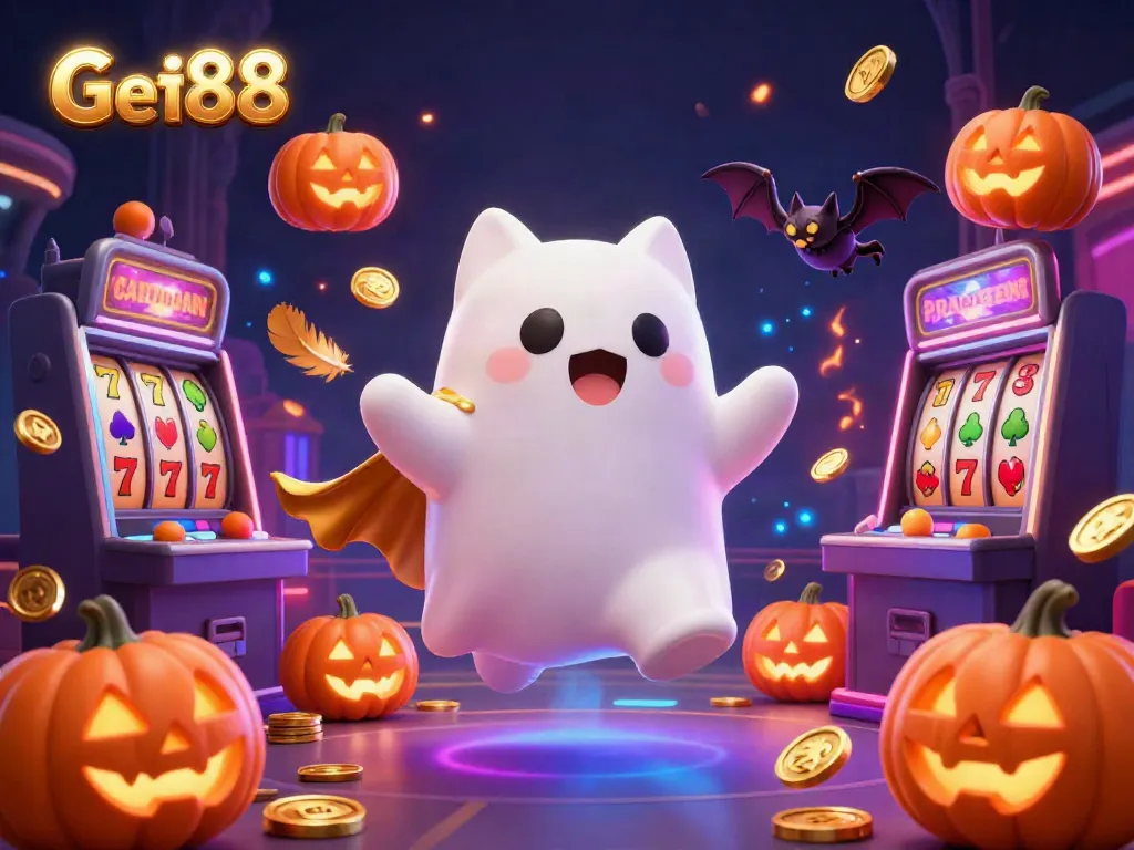 Engaging Gem88 gaming scene featuring a ghost cat and bat in a casino setting.