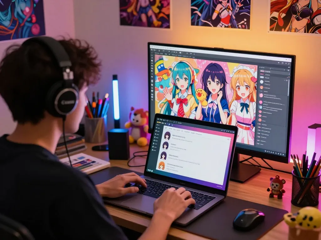User engaged in hentai ai chat using laptop with anime characters on screen in a colorful workspace.