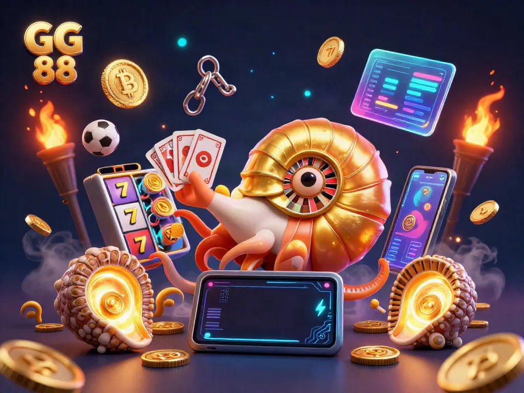 Engage with GG 88 in a thrilling casino adventure featuring a giant nautilus, roulette wheel, and vibrant slot machines.