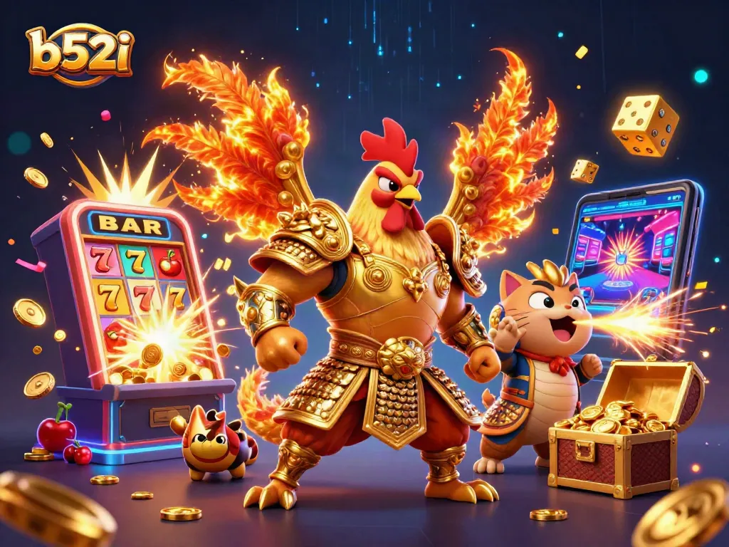 Win big with b52i in a vibrant casino battle scene featuring legendary characters and thrilling game elements.