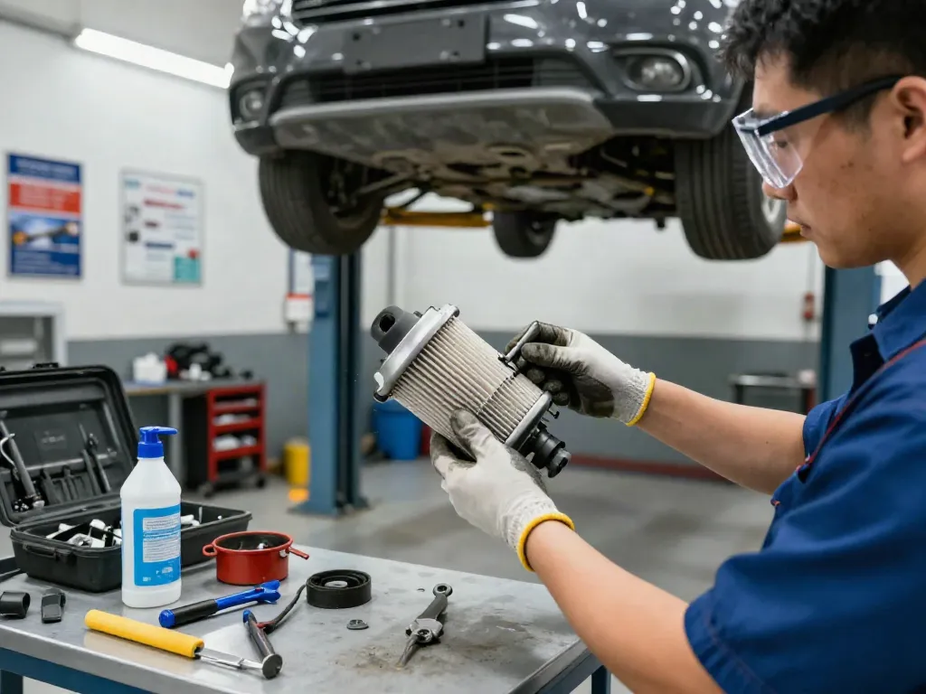 Professionelle DPF Reinigung in Hannover durch Mechaniker mit Werkzeugen und sauberem Arbeitsplatz.
