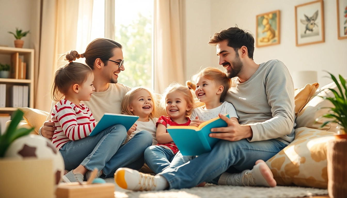 Kindererziehung visualisiert durch eine spielende Familie im Wohnzimmer, die Freude und emotionale Nähe zeigt.