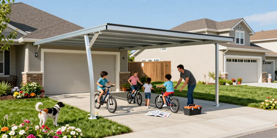 Gemütlicher Carport-Aufbau in der Vorstadt mit spielenden Kindern und Hund.