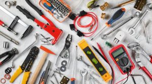 Handicraft and industrial tools, group of objects.