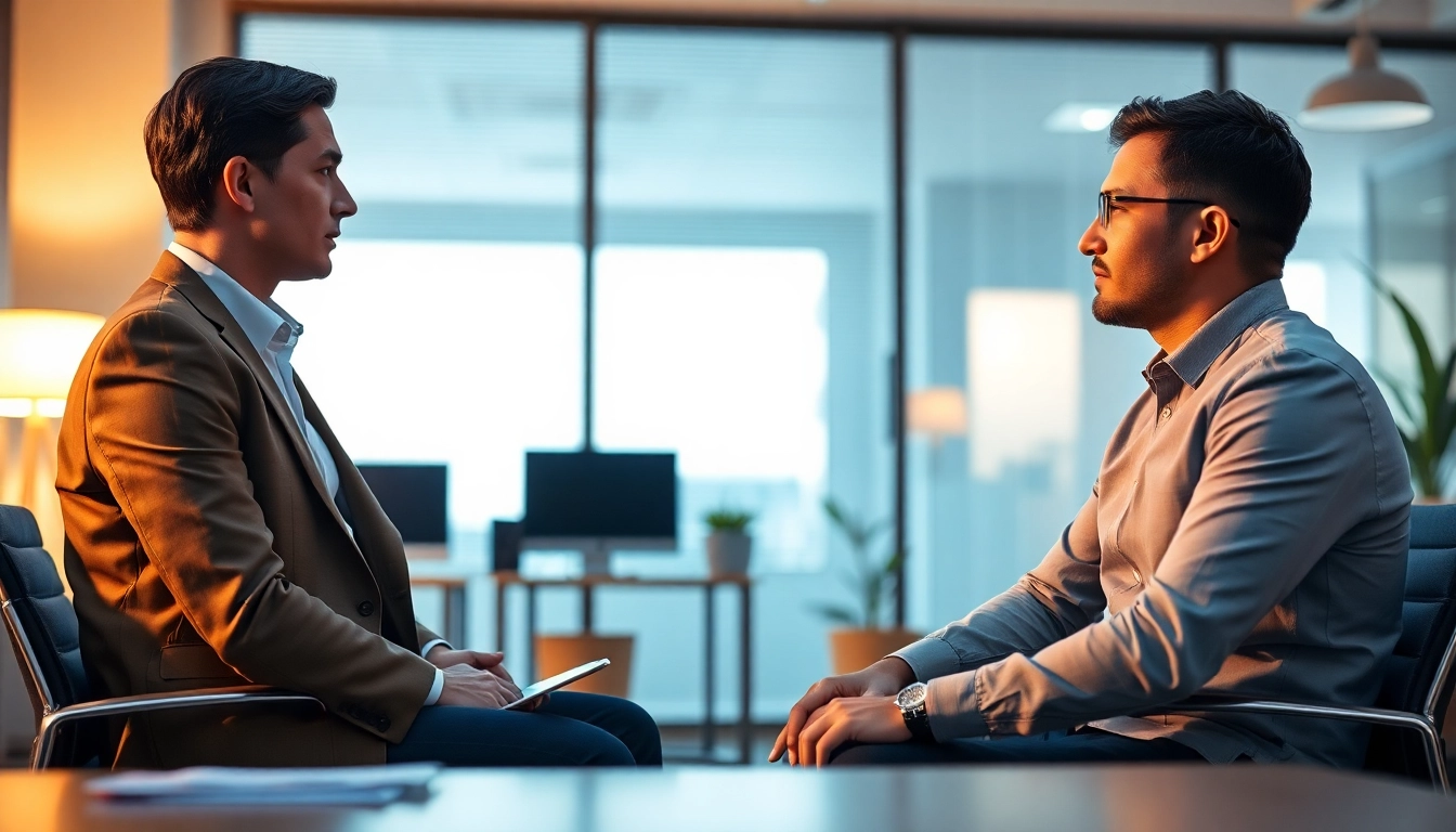 Headhunter consulting with a candidate in a modern office space, showcasing personalized recruitment.
