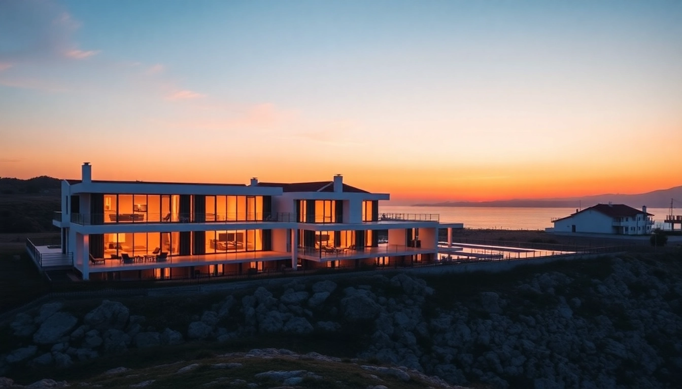 Luxurious nordzypern immobilien with stunning coastal views at sunset, showcasing high-end villas and serene ambiance.