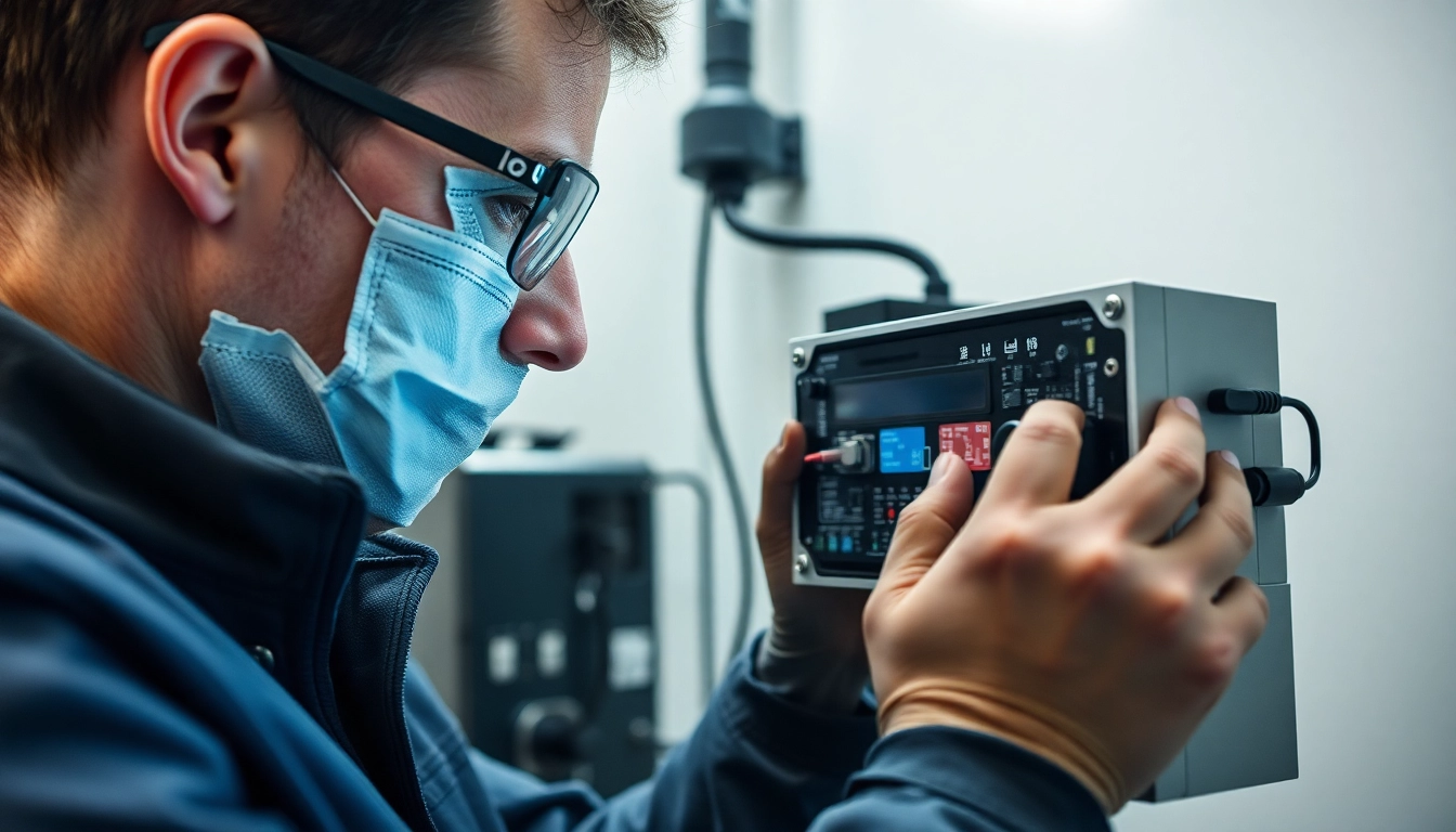 Techniker führt die Geräteprüfung durch, überprüft elektrische Sicherheit und Funktionalität.