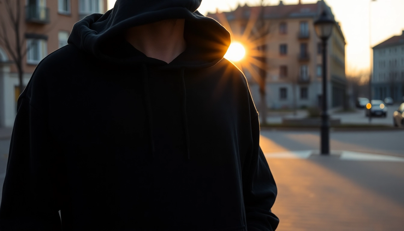 Trage den oversized hoodie black mit einzigartigem Design und weichem Stoff in urbaner Umgebung.