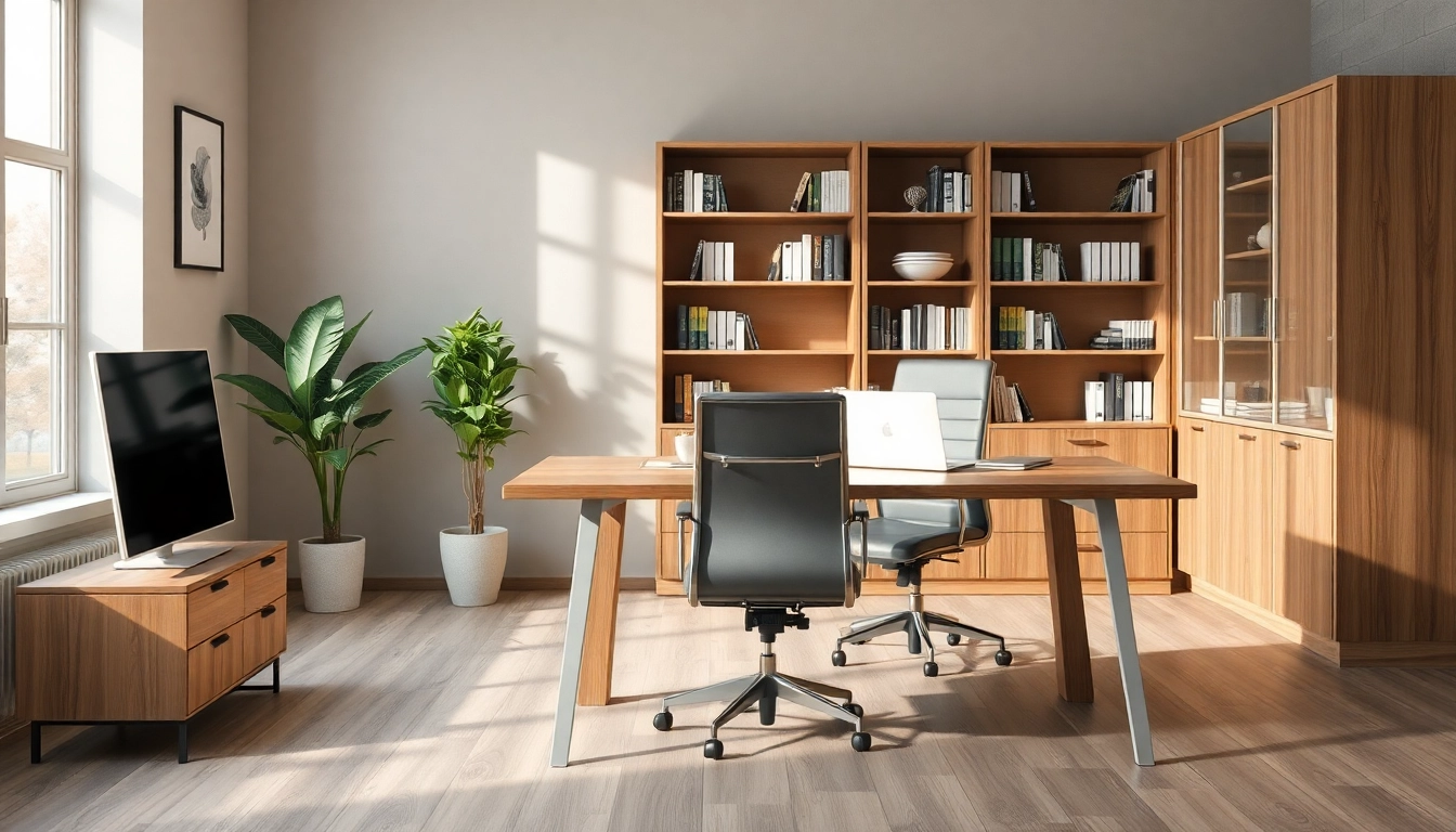 Modernes Büro mit hochwertigen Büromöbeln, ergonomischem Schreibtisch und Stuhl.