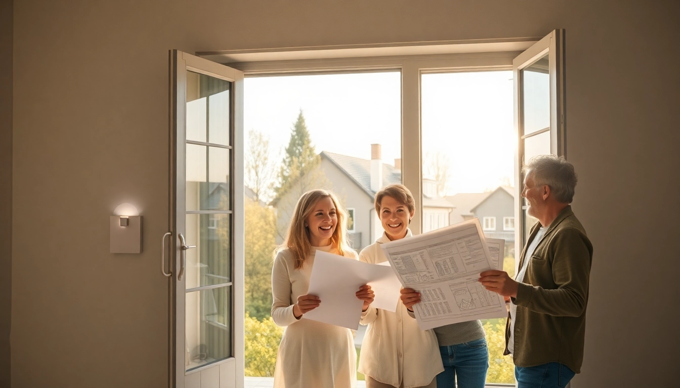 Familie plant eine spannende Hausrenovierung mit Skizzen in der Hand vor einem älteren Haus.
