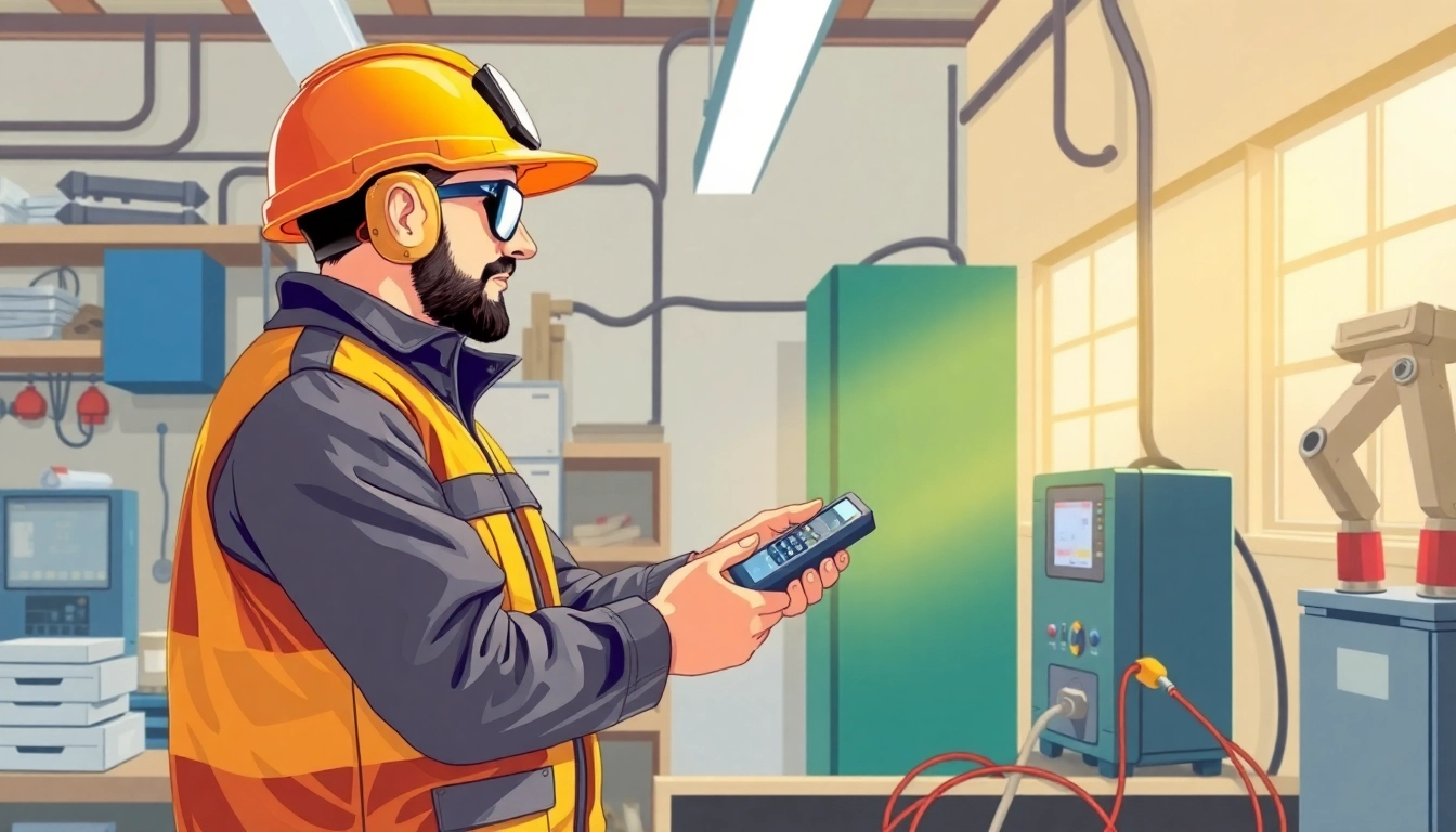 Technician conducting prüfung ortsveränderlicher elektrischer Betriebsmittel with specialized tools in a well-lit workshop.