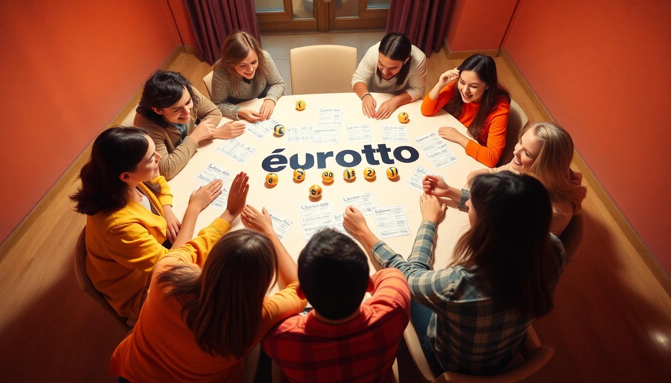 Feiernde junge Menschen beim Eurolotto Spielen mit Spielscheinen und Glücksgefühlen.