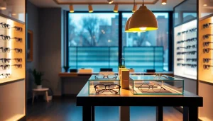 Optiker Nürnberg zeigt eine stilvolle Brillenpräsentation mit einladendem Licht und modernem Design.