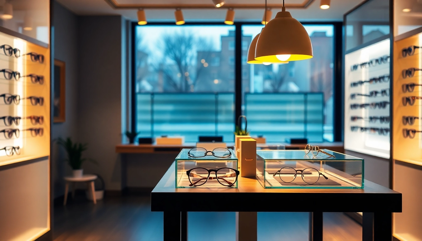 Optiker Nürnberg zeigt eine stilvolle Brillenpräsentation mit einladendem Licht und modernem Design.