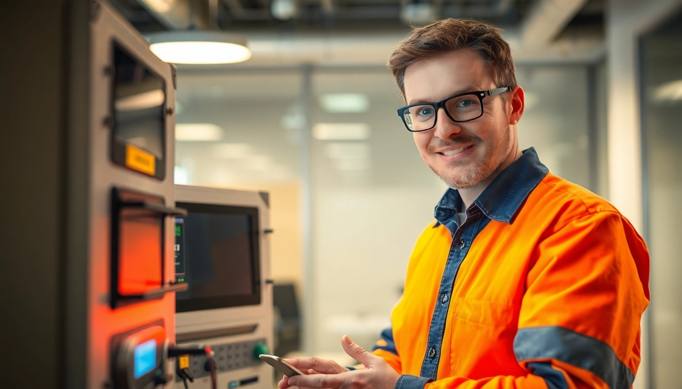 Techniker führt die Prüfung ortsveränderlicher elektrischer Betriebsmittel in einem modernen Büro durch.
