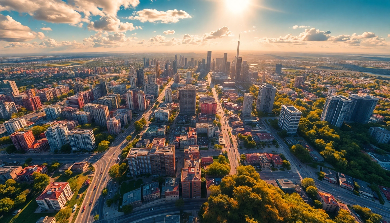 Illustrate Klima variations by showcasing diverse climate zones in a vibrant cityscape highlighting weather differences.