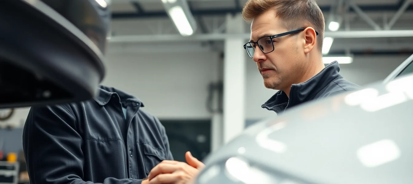 Expert Kfz Gutachter Köln evaluating a vehicle with specialized tools in a well-lit garage.