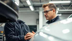 Expert Kfz Gutachter Köln evaluating a vehicle with specialized tools in a well-lit garage.
