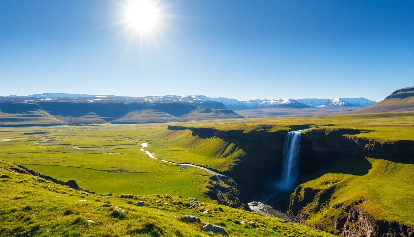 Erlebe die beeindruckenden Wasserfälle Skógafoss und Gullfoss während deiner Reise nach Island in strahlendem Sonnenlicht.
