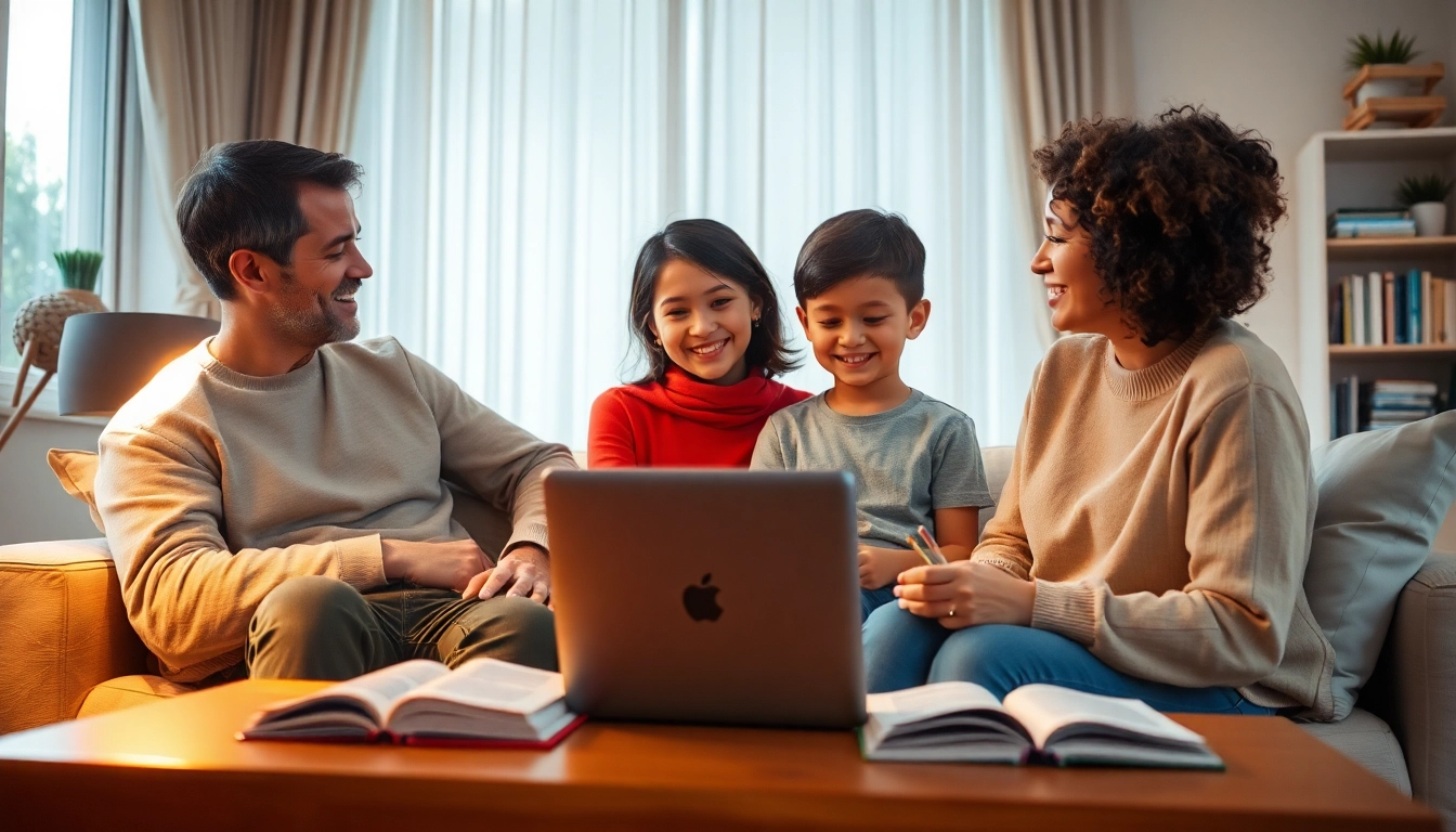 Eine Familie engagiert sich aktiv im Heimunterricht in einem hellen, gemütlichen Raum.