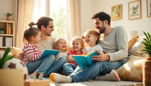Kindererziehung visualisiert durch eine spielende Familie im Wohnzimmer, die Freude und emotionale Nähe zeigt.