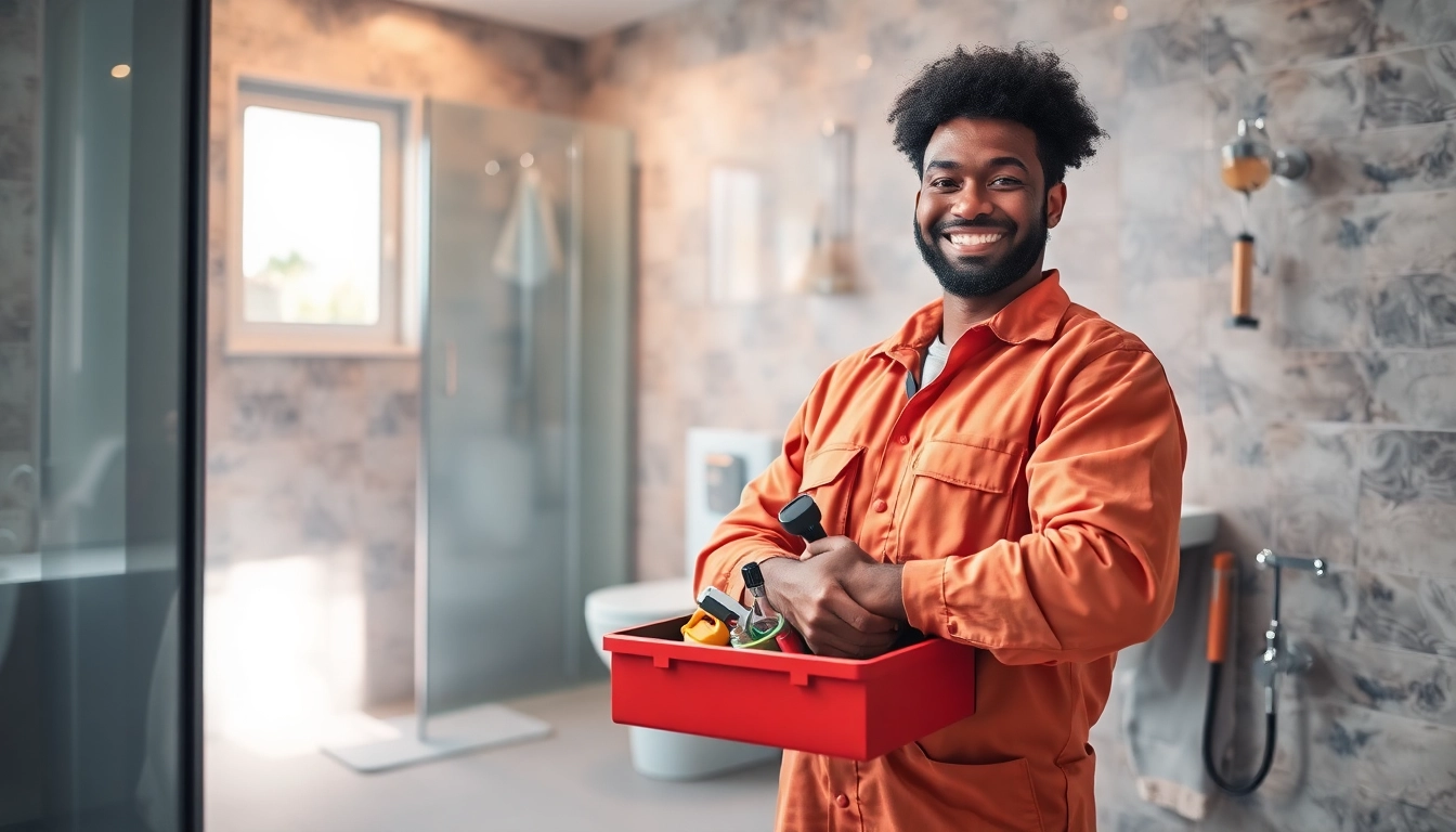 Sanitär Notdienst Techniker lacht und bietet Hilfe im modernen Badezimmer an.