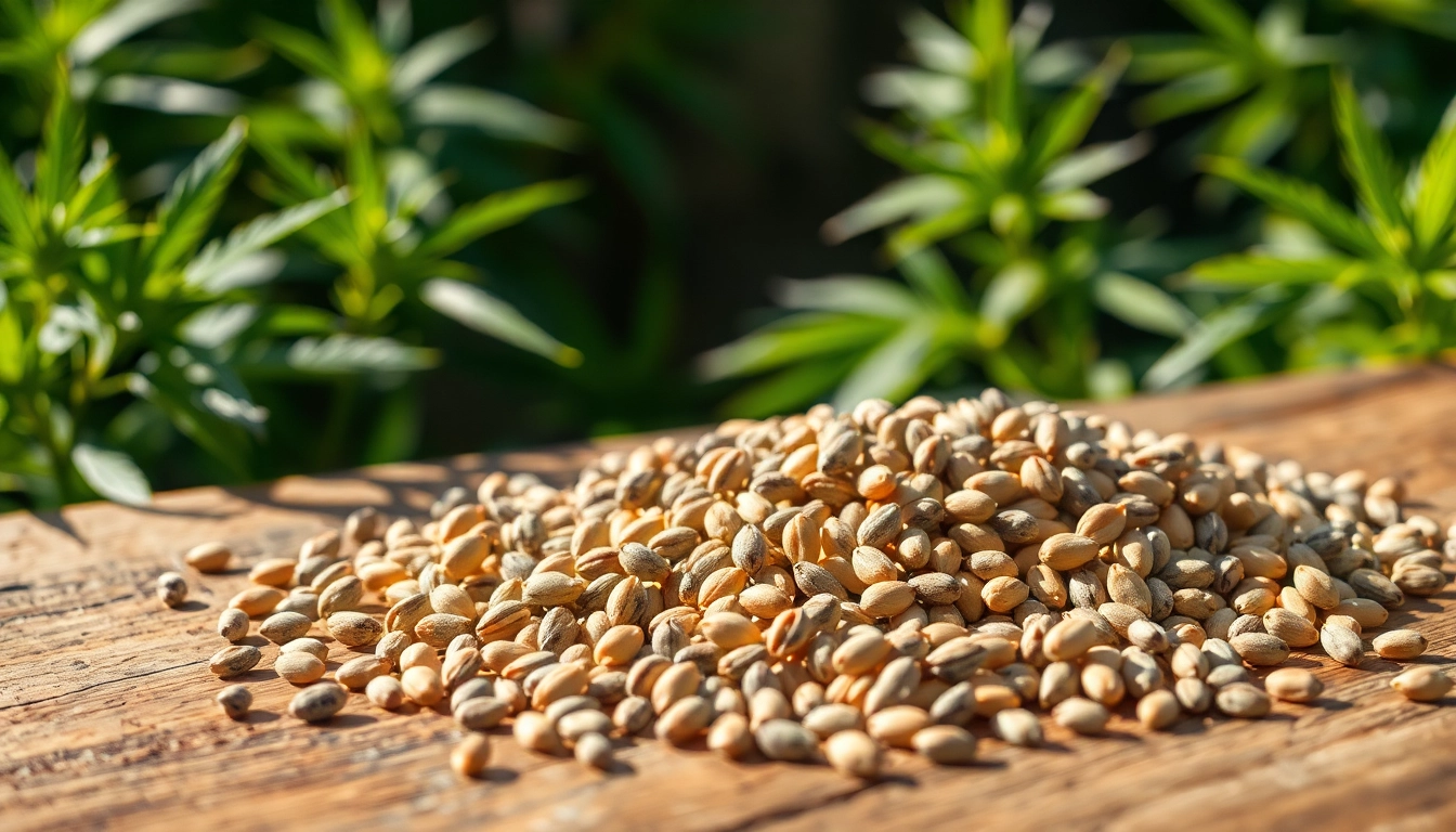 Cannabis seeds displayed on a wooden table, showcasing diverse textures and colors, inviting growth.