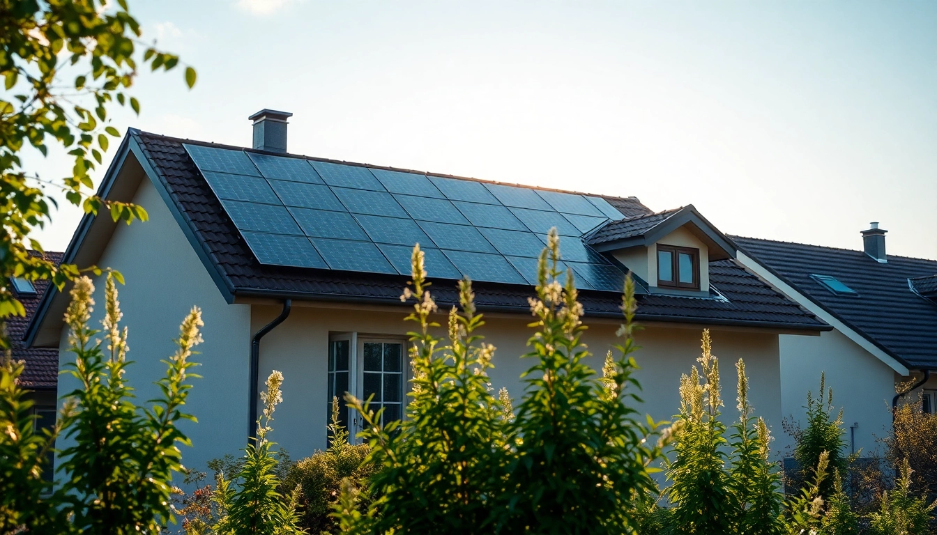 PV Anlage kaufen: Moderne Photovoltaik-Anlage auf einem Einfamilienhausdach mit grüner Umgebung.