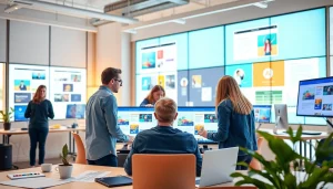 Discover innovative teamwork in web design edmonton with a diverse team brainstorming and creating stunning websites.