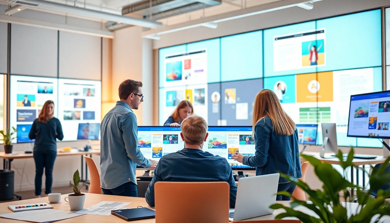 Discover innovative teamwork in web design edmonton with a diverse team brainstorming and creating stunning websites.