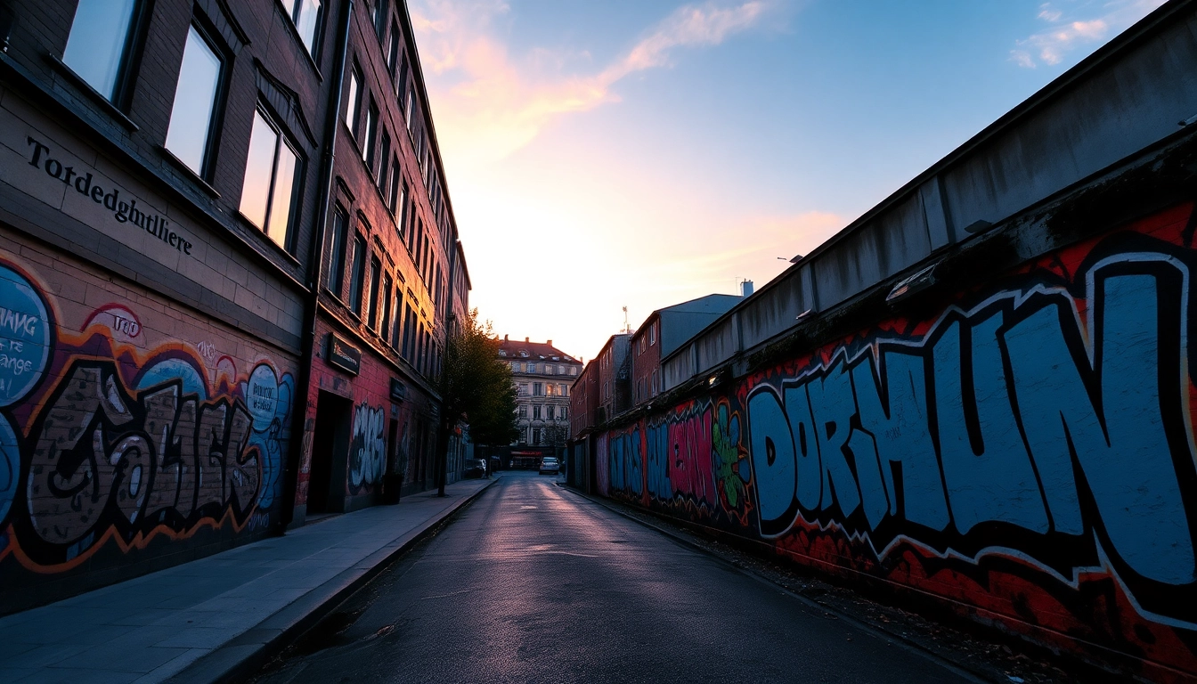 Erleben Sie beeindruckende Graffiti Dortmund bei Sonnenuntergang mit kreativen urbanen Kunstwerken an Wänden.
