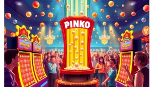 Experience the thrill of winning in a lively Plinko casino setting with colorful boards and excited players.