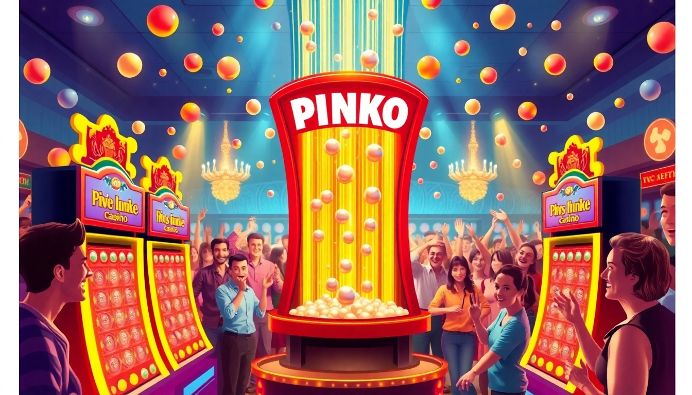 Experience the thrill of winning in a lively Plinko casino setting with colorful boards and excited players.