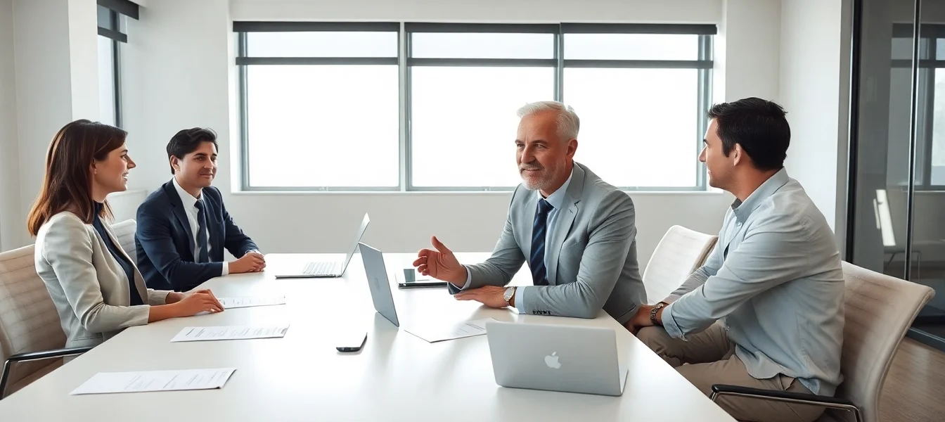 Headhunter Gesundheitswesen: Ein Team von Fachleuten in einem modernen Büro diskutiert strategische Headhunting-Methoden.